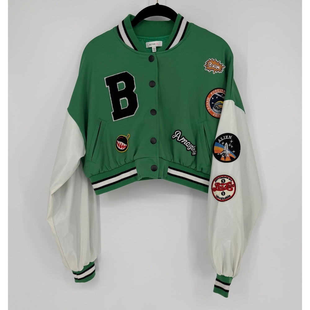 Better Be Womens Green Cropped Varsity Jacket Patches Faux Leather Sleeves M